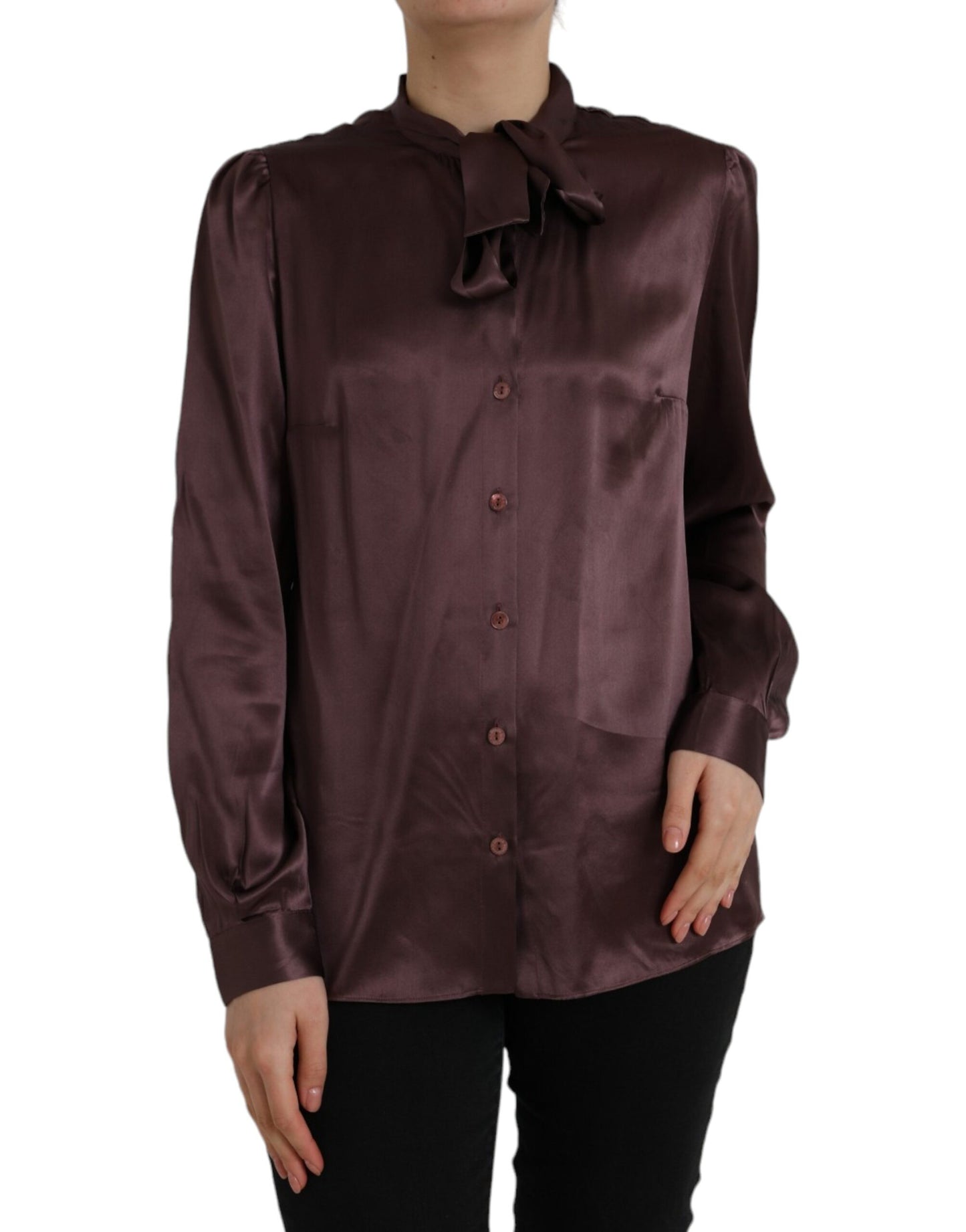  - Brown Ascot Collar Long Sleeve Top Blouse