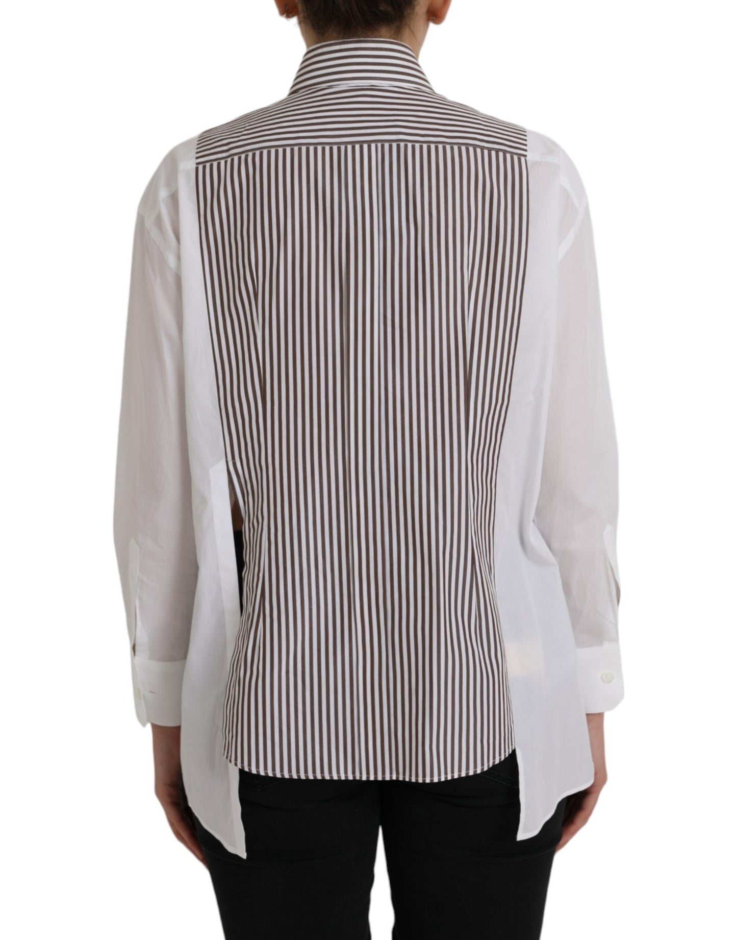  - White Stripes Cotton Long Sleeves Ruffle Collar Top