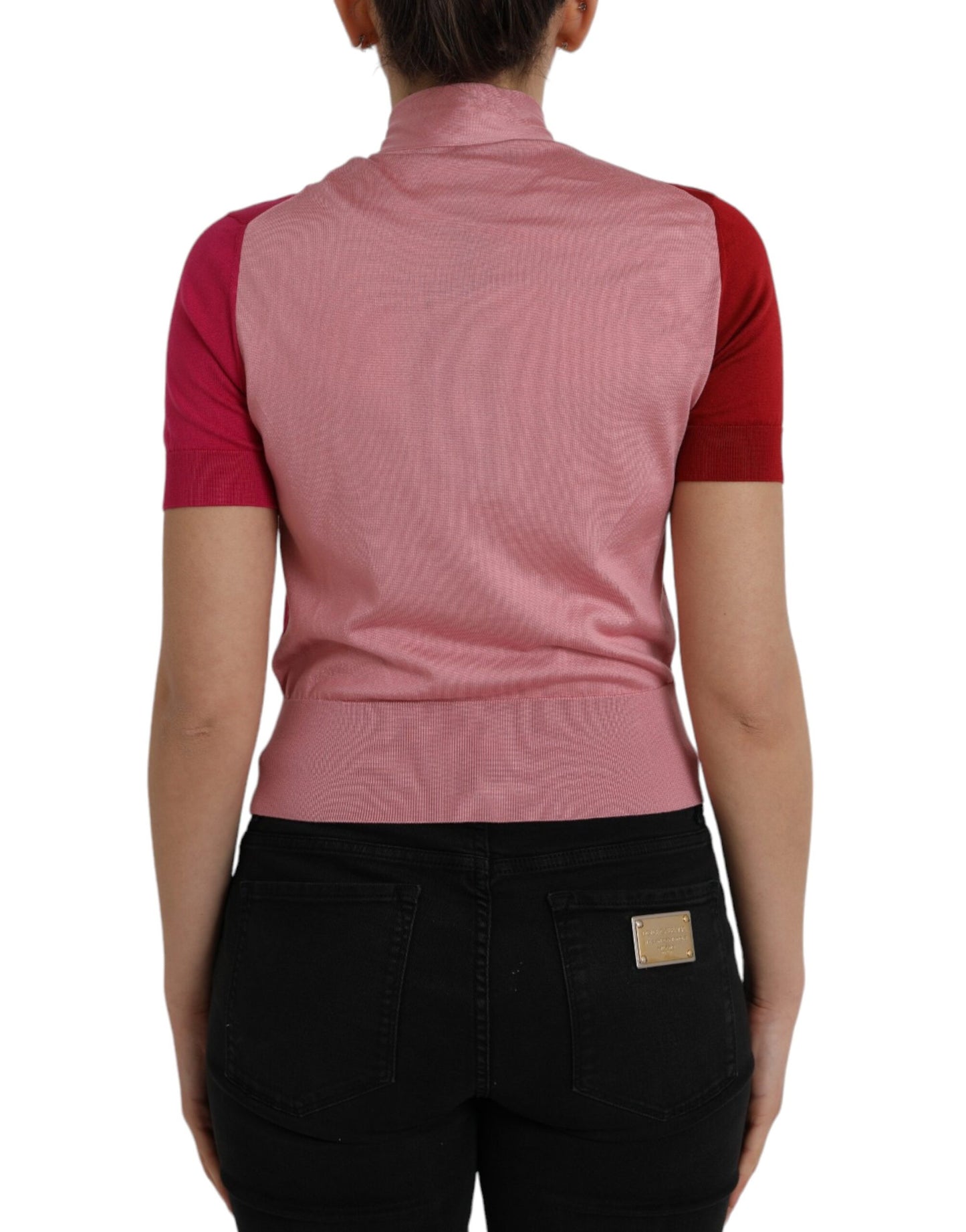  - Pink Short Sleeves Pullover Ascot Collar Top