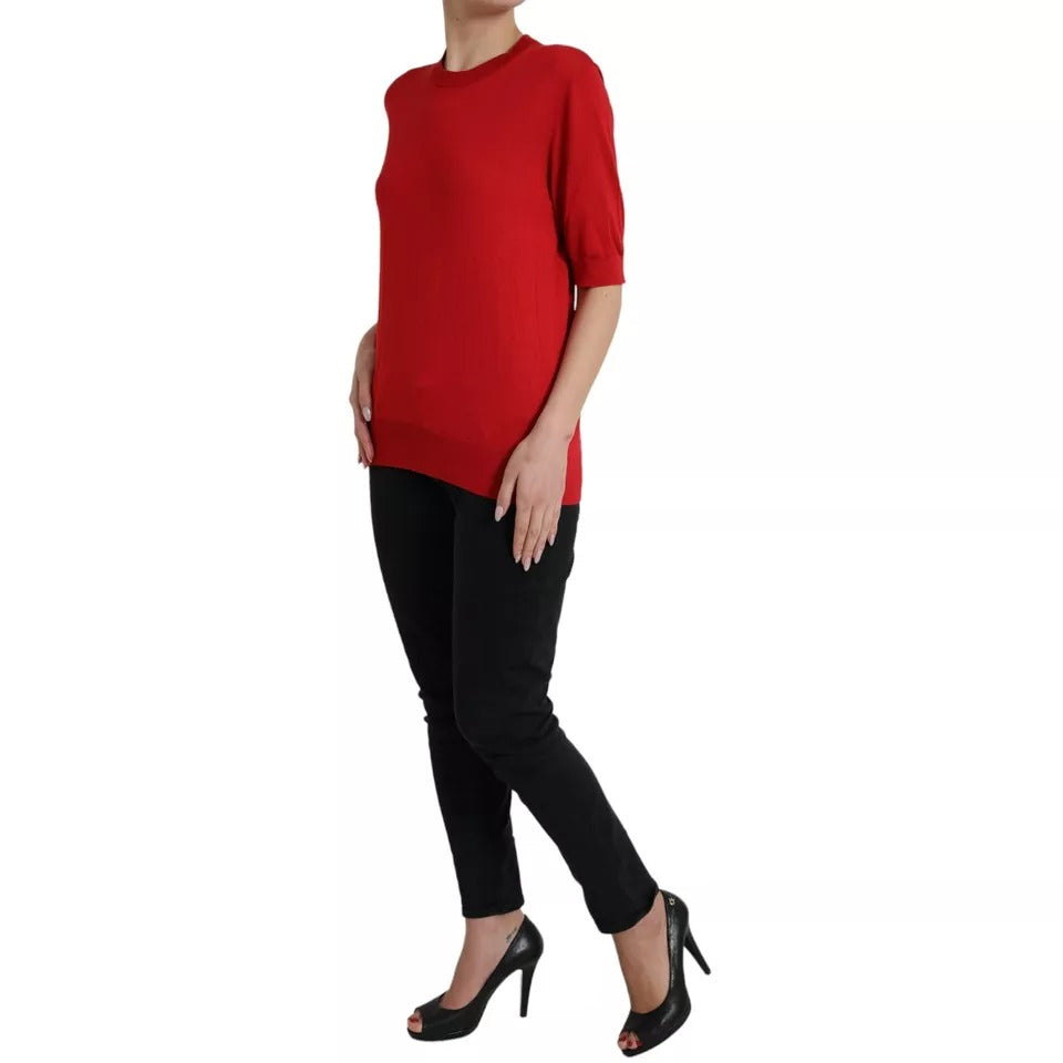  - Red Silk Crewneck Short Sleeve Sweater