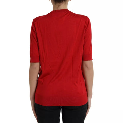  - Red Silk Crewneck Short Sleeve Sweater