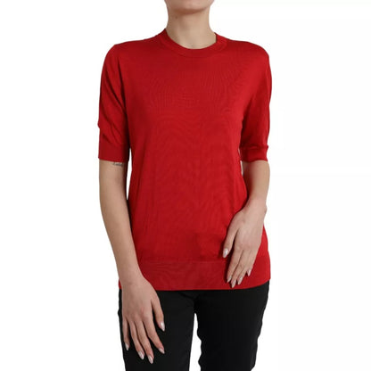  - Red Silk Crewneck Short Sleeve Sweater