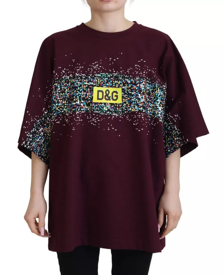  - Bordeaux D&G Print Round Neck Cotton T-shirt