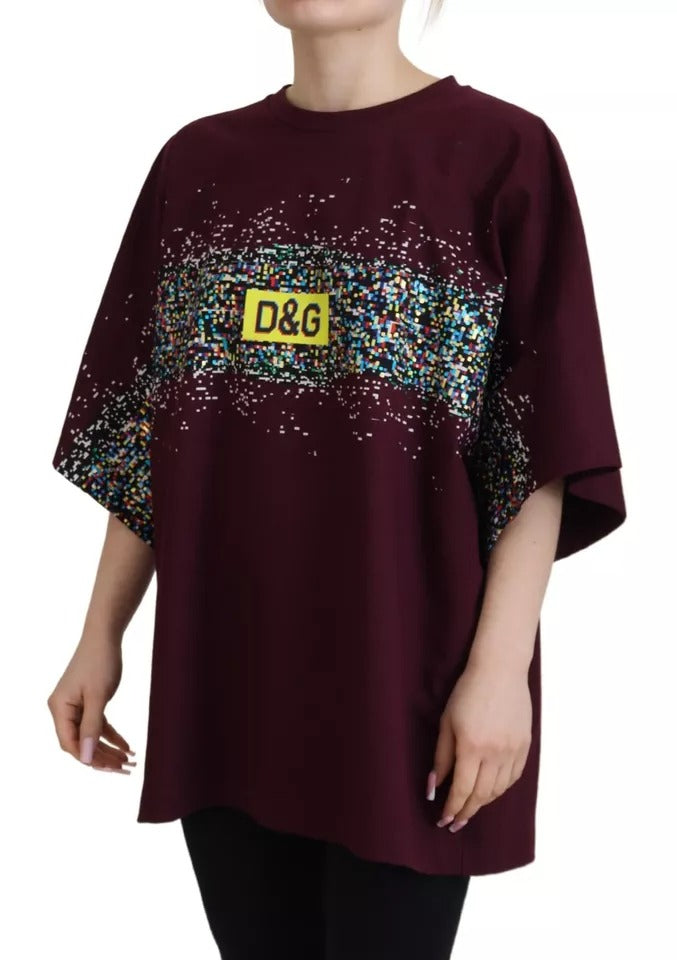  - Bordeaux D&G Print Round Neck Cotton T-shirt