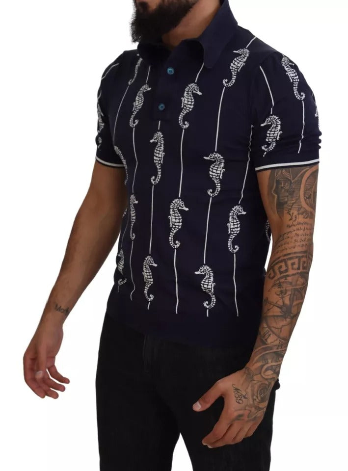 Dark Blue Sea Horse Collared Polo T-shirt