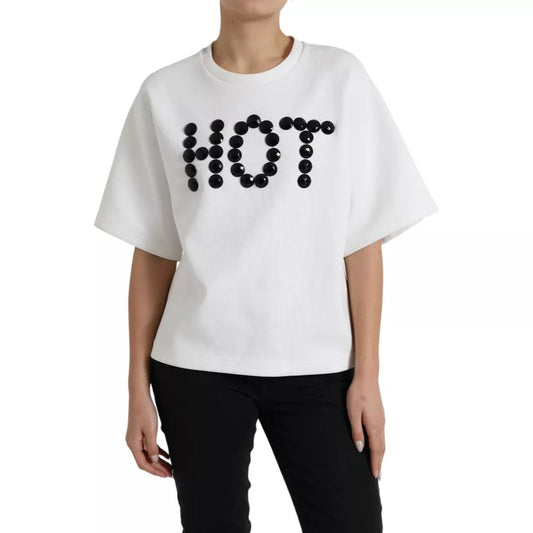  - White Cotton Black HOT Crystal Top T-shirt