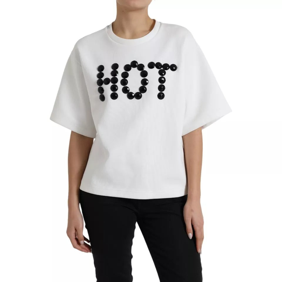  - White Cotton Black HOT Crystal Top T-shirt