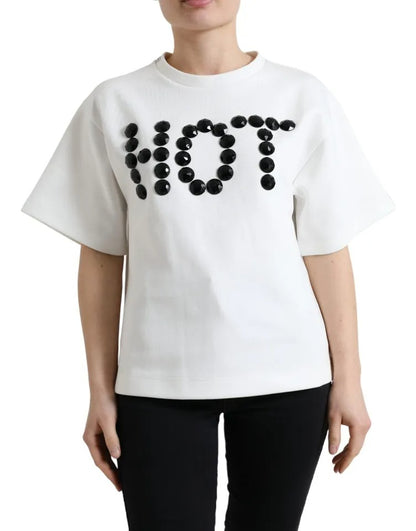  - White Cotton Stretch Black HOT Crystal T-shirt