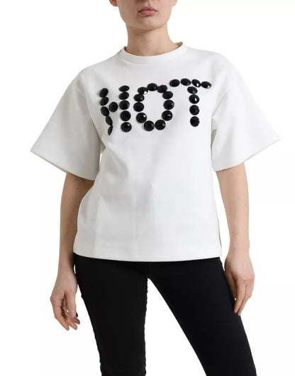  - White Cotton Stretch Black HOT Crystal T-shirt