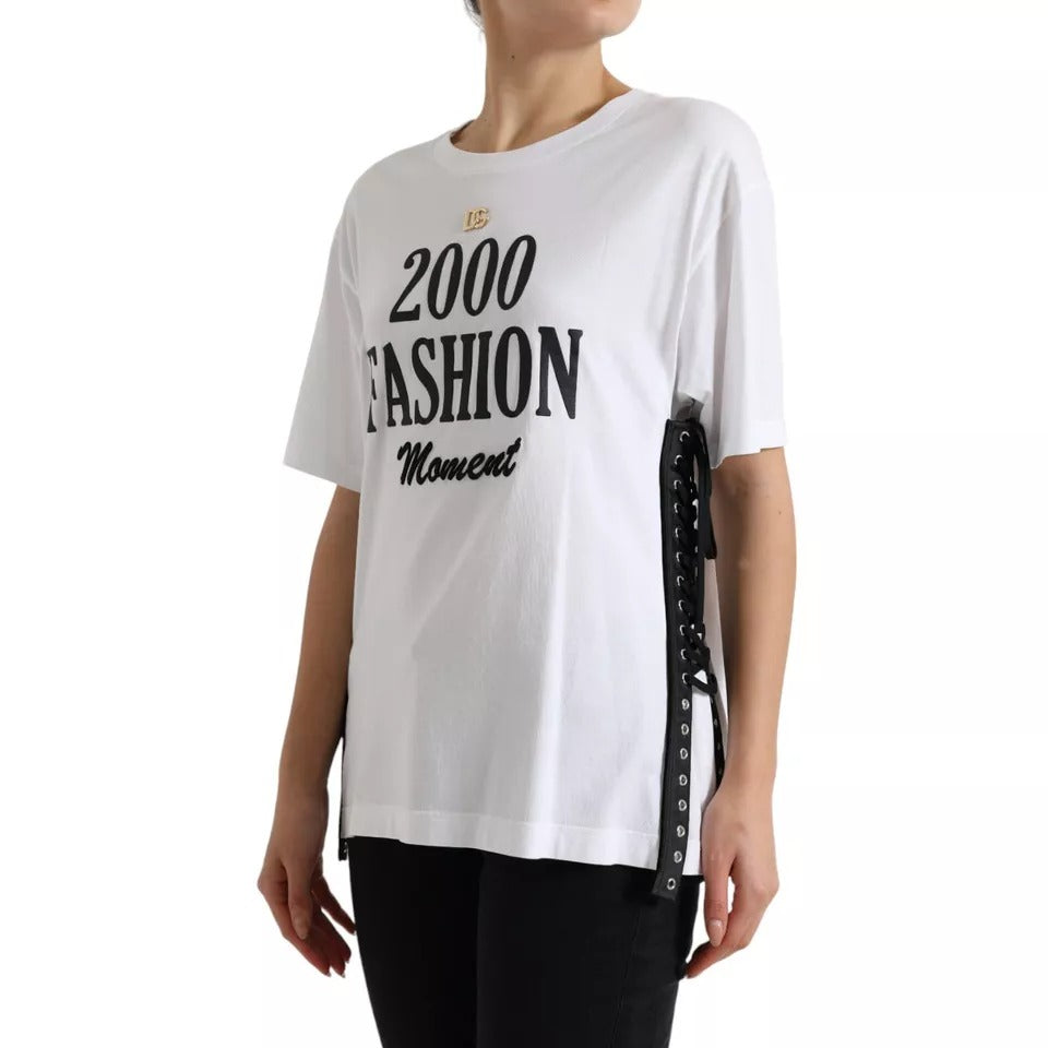  - White Slogan Print Lacing Detailed T-shirt