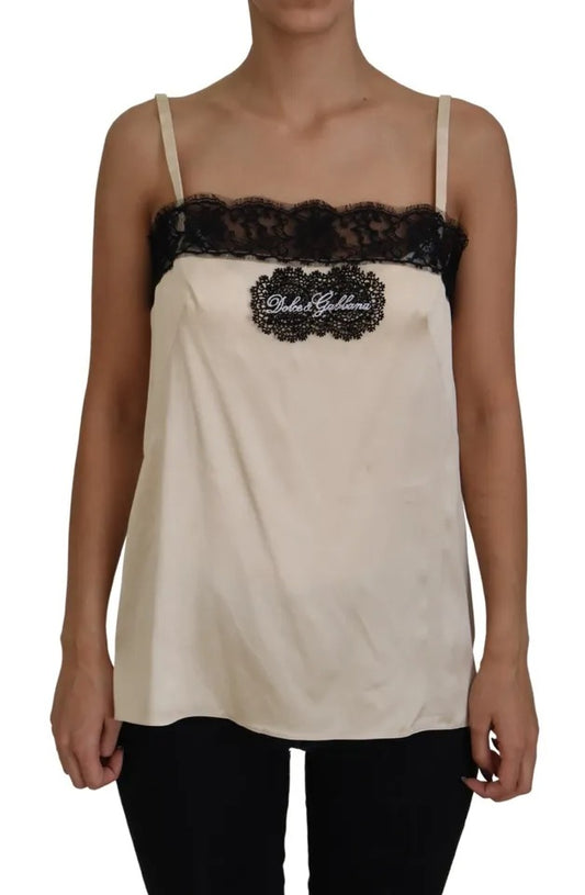  - Beige Lace Spaghetti Logo Embroidery Top