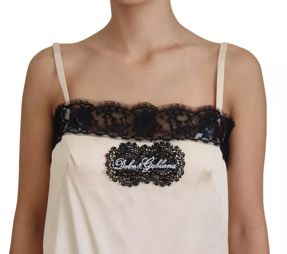  - Beige Lace Spaghetti Logo Embroidery Top