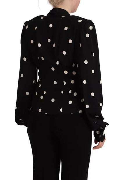 Black Polka Dots Silk Pussy Bow Long Sleeves Top - The Luxe Alliance