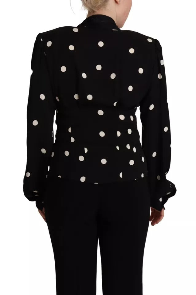 Black Polka Dots Silk Pussy Bow Long Sleeves Top - The Luxe Alliance