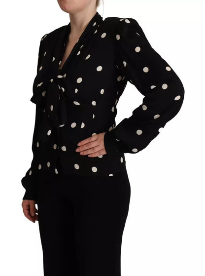 Black Polka Dots Silk Pussy Bow Long Sleeves Top - The Luxe Alliance