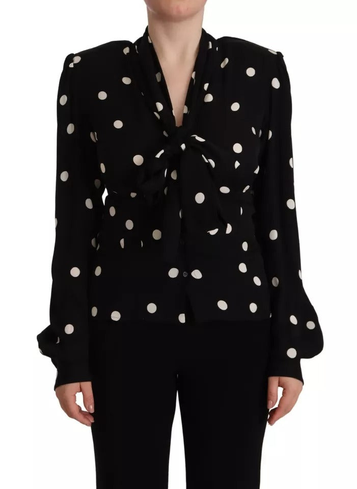 Black Polka Dots Silk Pussy Bow Long Sleeves Top - The Luxe Alliance