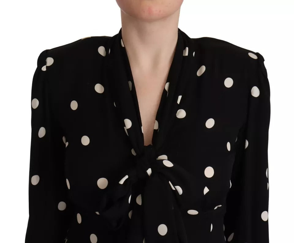 Black Polka Dots Silk Pussy Bow Long Sleeves Top - The Luxe Alliance