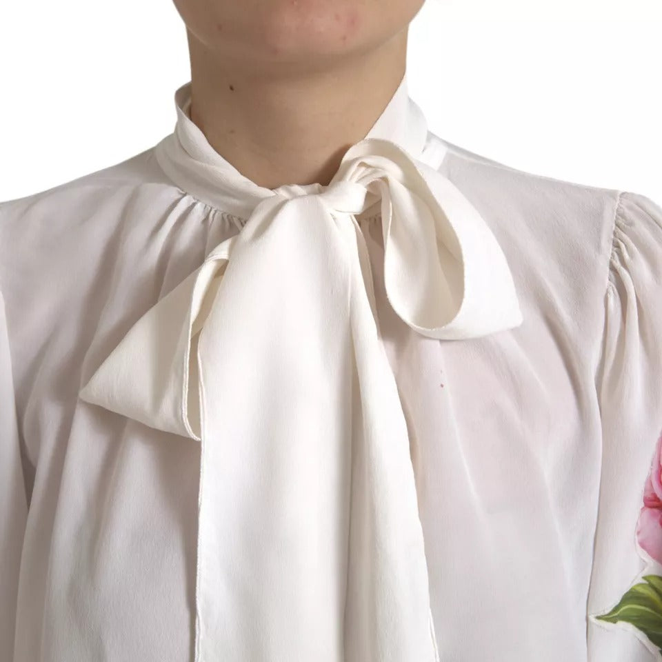  - White Floral Silk Ascot Collared Top Blouse