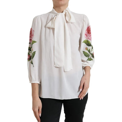  - White Floral Silk Ascot Collared Top Blouse