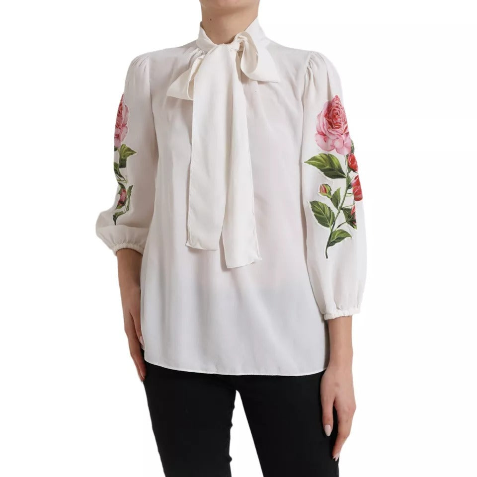  - White Floral Silk Ascot Collared Top Blouse