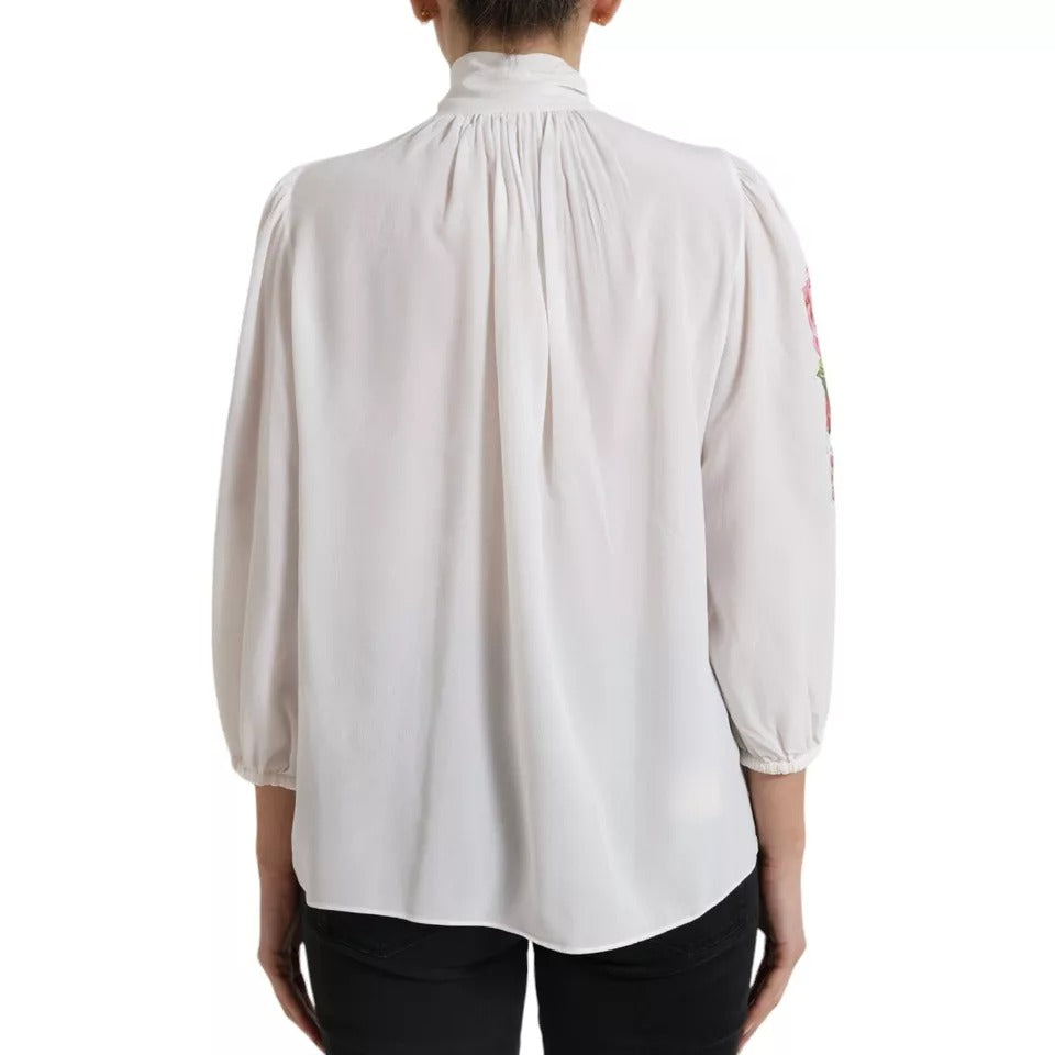  - White Floral Silk Ascot Collared Top Blouse