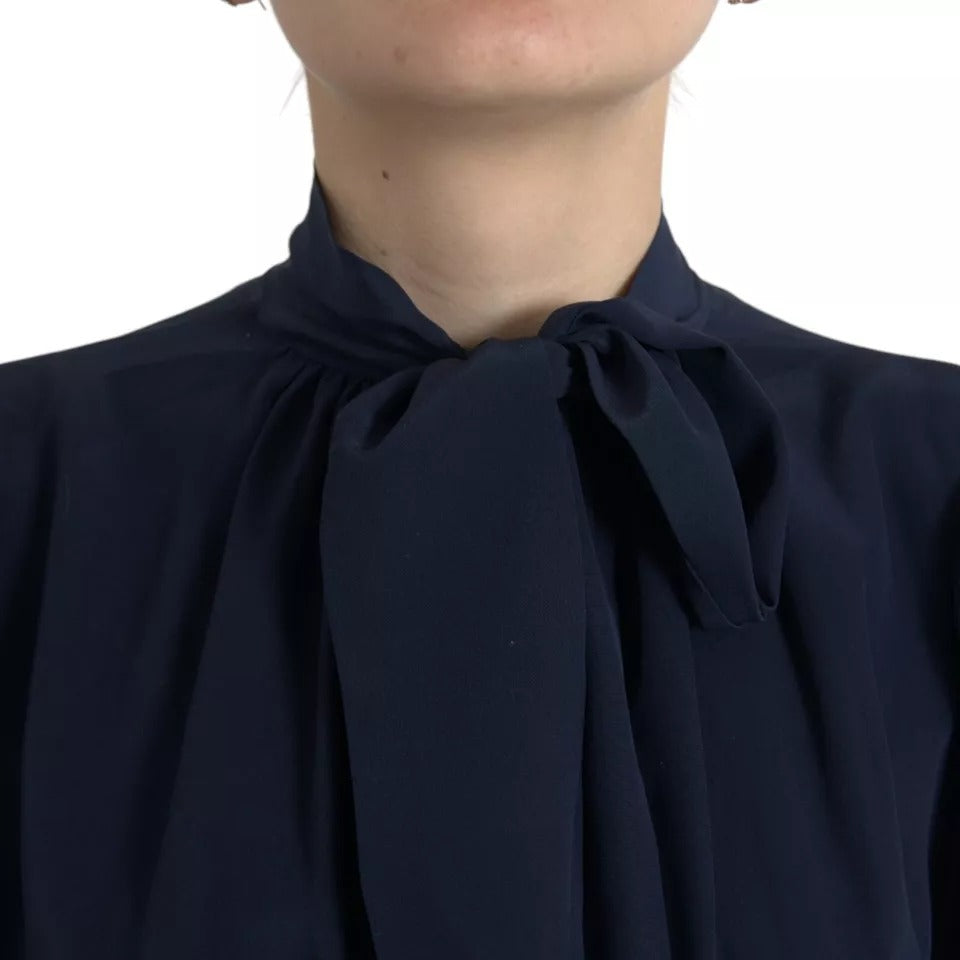 Blue Long Sleeves Ascot Collar Blouse Top - The Luxe Alliance