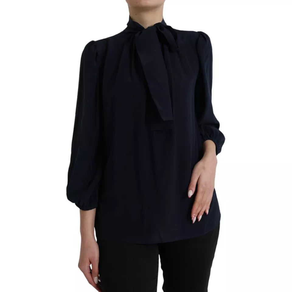 Blue Long Sleeves Ascot Collar Blouse Top - The Luxe Alliance