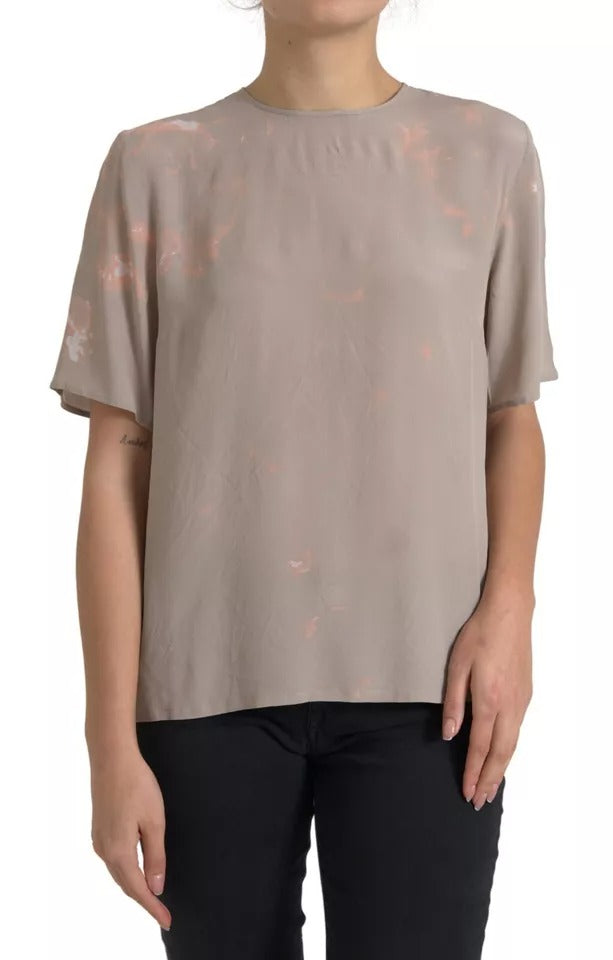 Brown Round Neck Short Sleeve Blouse Top