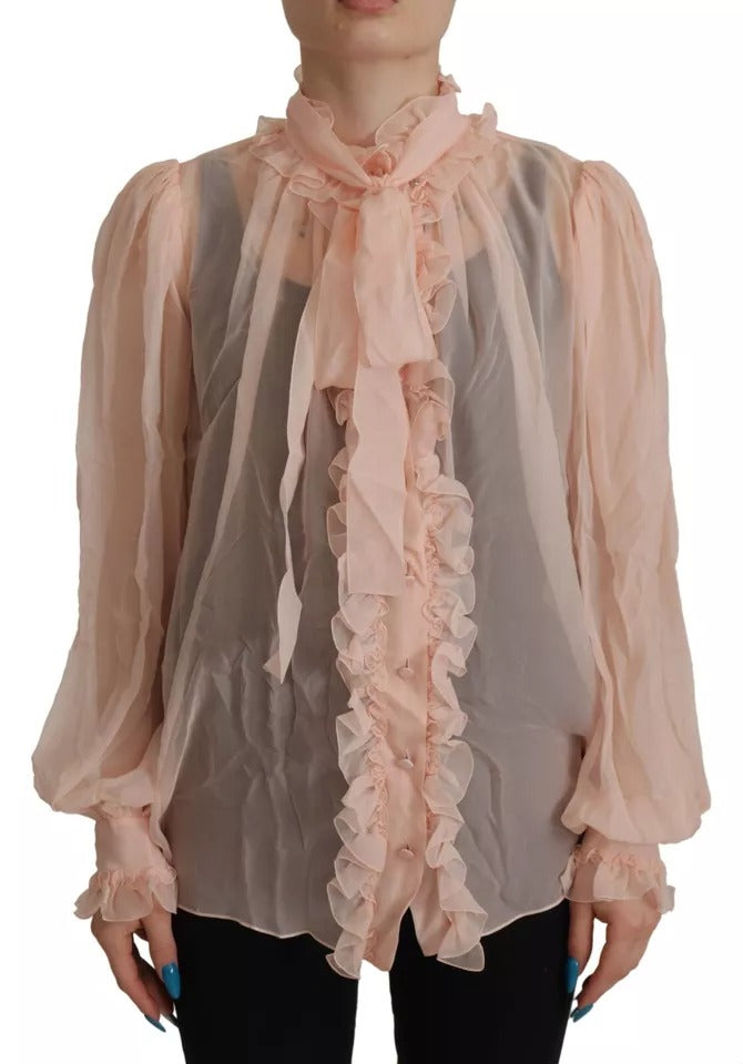  - Light Pink Silk Ascot Collar Long Sleeves Top