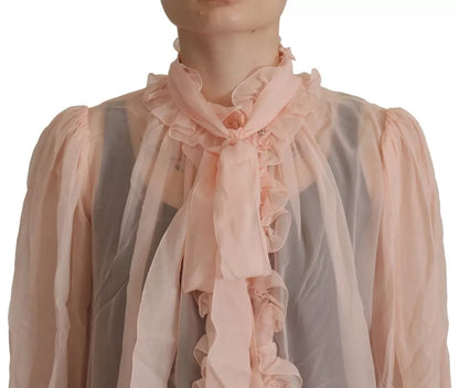  - Light Pink Silk Ascot Collar Long Sleeves Top