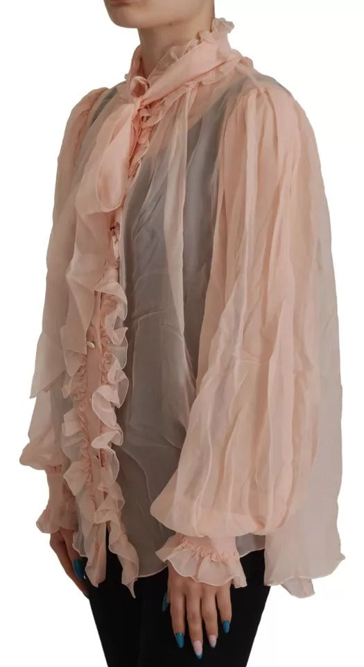  - Light Pink Silk Ascot Collar Long Sleeves Top