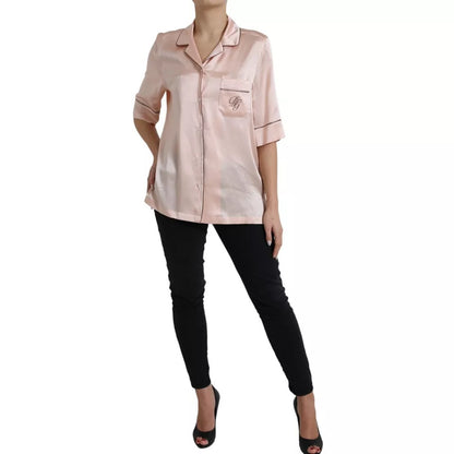  - Pink Silk Long Sleeves Logo Pajama Blouse Top