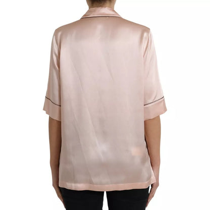  - Pink Silk Long Sleeves Logo Pajama Blouse Top