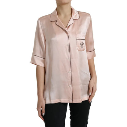  - Pink Silk Long Sleeves Logo Pajama Blouse Top