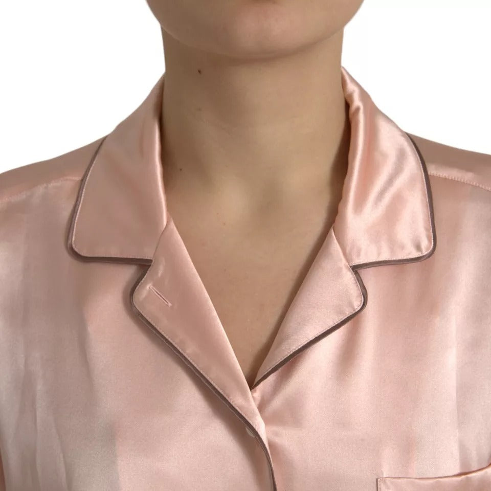  - Pink Silk Long Sleeves Logo Pajama Blouse Top