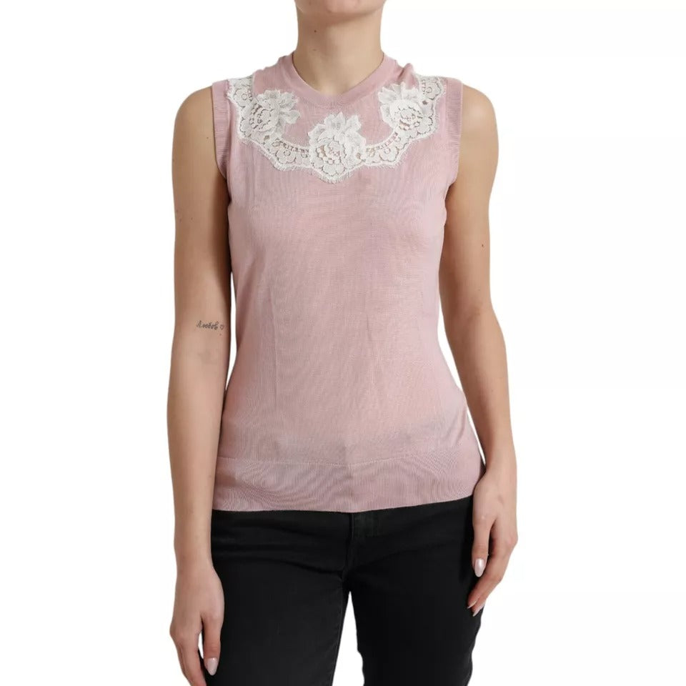  - Pink Cashmere Lace Trim Sleeveless Tank Top