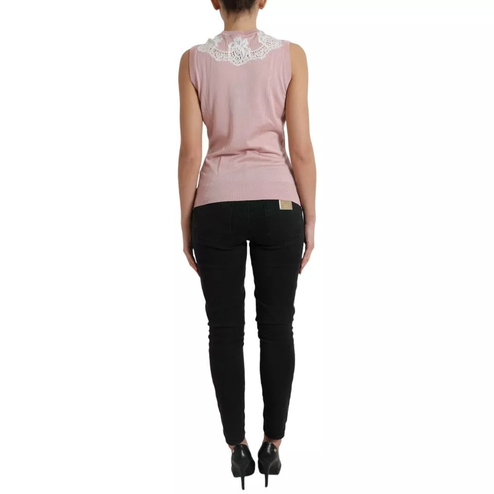  - Pink Cashmere Lace Trim Sleeveless Tank Top