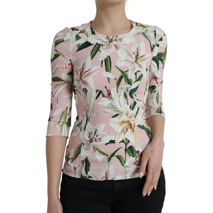  - Pink Floral Viscose Round Neck Blouse Top