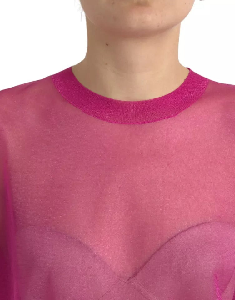  - Pink Transparent Crewneck Long Sleeves Top