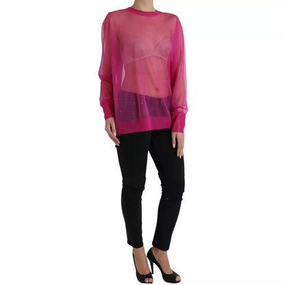  - Pink Transparent Crewneck Long Sleeves Top