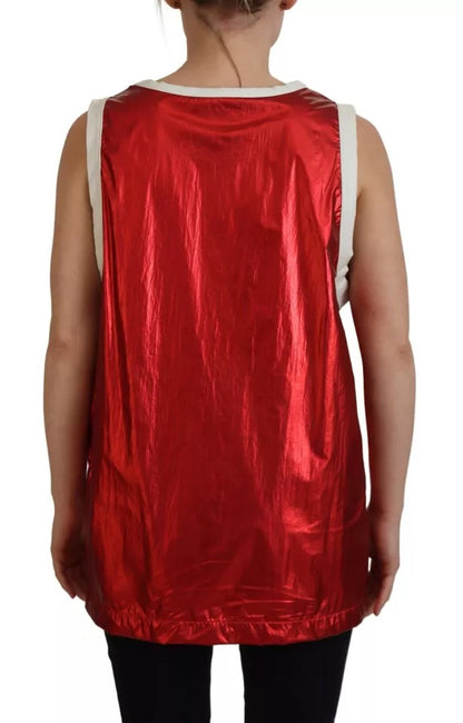  - Red Nylon Logo Print Sleeveless Jersey Top