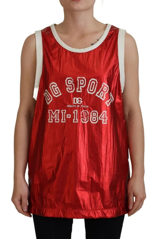  - Red Nylon Logo Print Sleeveless Jersey Top