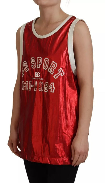  - Red Nylon Logo Print Sleeveless Jersey Top