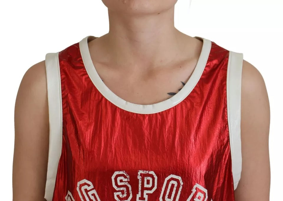  - Red Nylon Logo Print Sleeveless Jersey Top