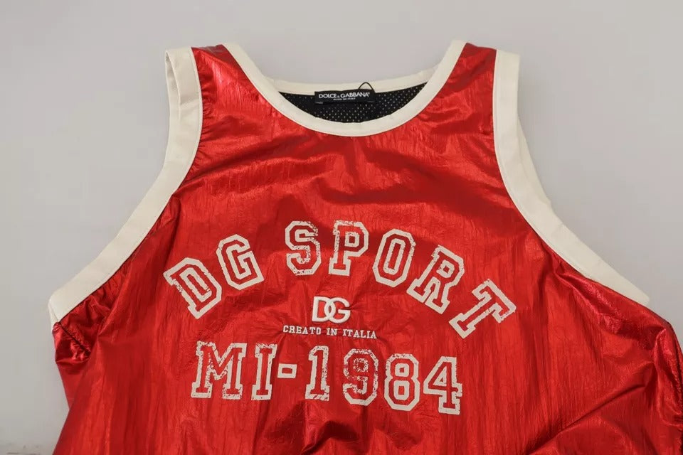  - Red Nylon Logo Print Sleeveless Jersey Top