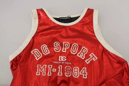  - Red Nylon Logo Print Sleeveless Jersey Top