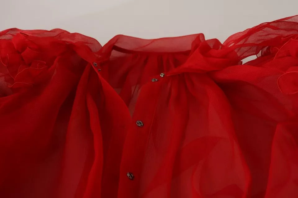  - Red Silk Ascot Collar Ruffles Blouse Top