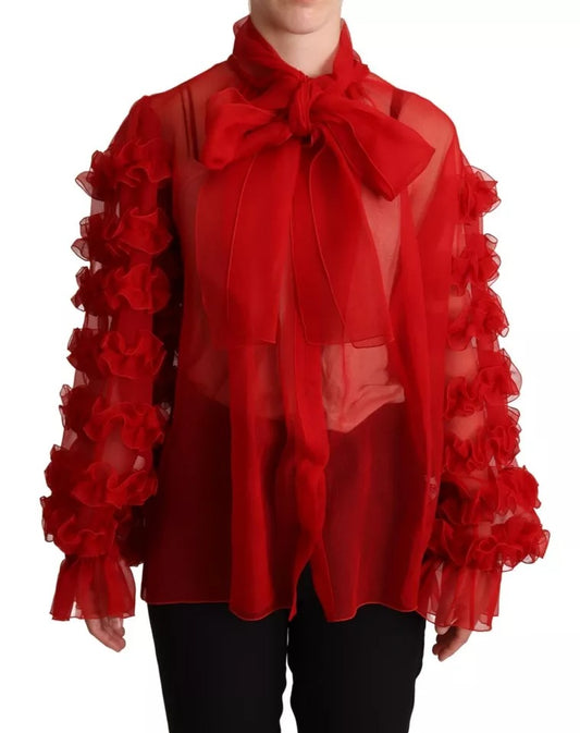  - Red Silk Ascot Collar Ruffles Blouse Top