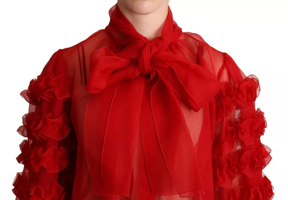  - Red Silk Ascot Collar Ruffles Blouse Top