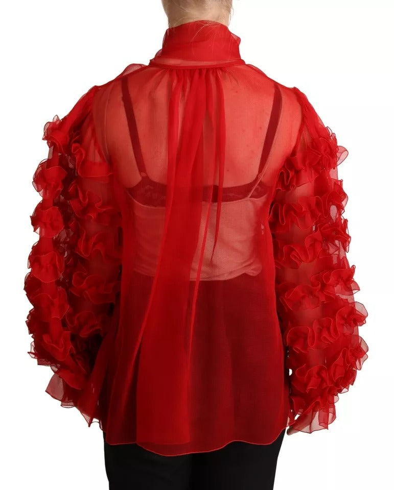  - Red Silk Ascot Collar Ruffles Blouse Top